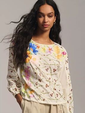 Anthropologie TINY Lorie Embroidered Floral Long-Sleeve Top - Ivory